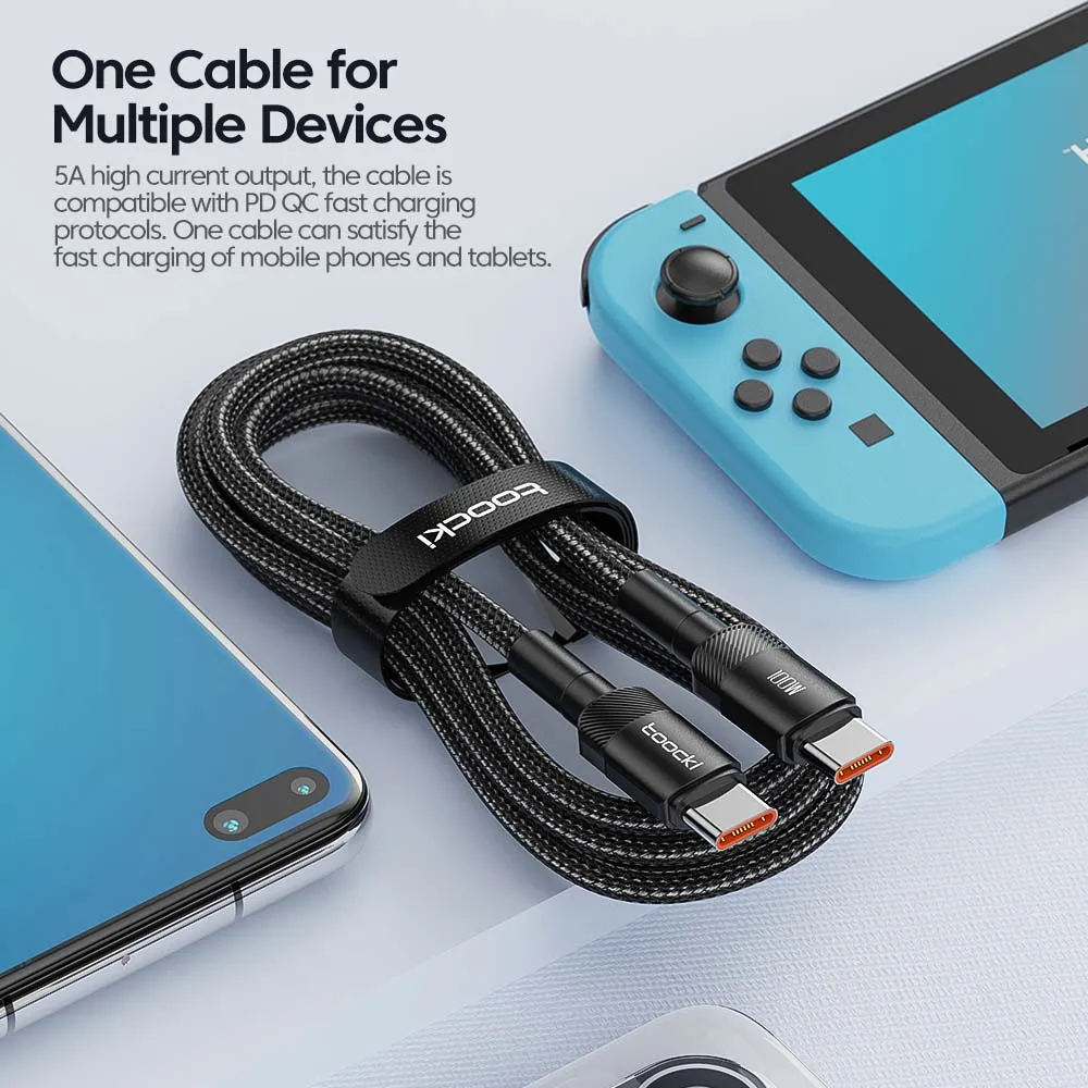 Powerful 100W PD fast charging USB-C cable plugged into a MacBook, delivering rapid and stable power supply.