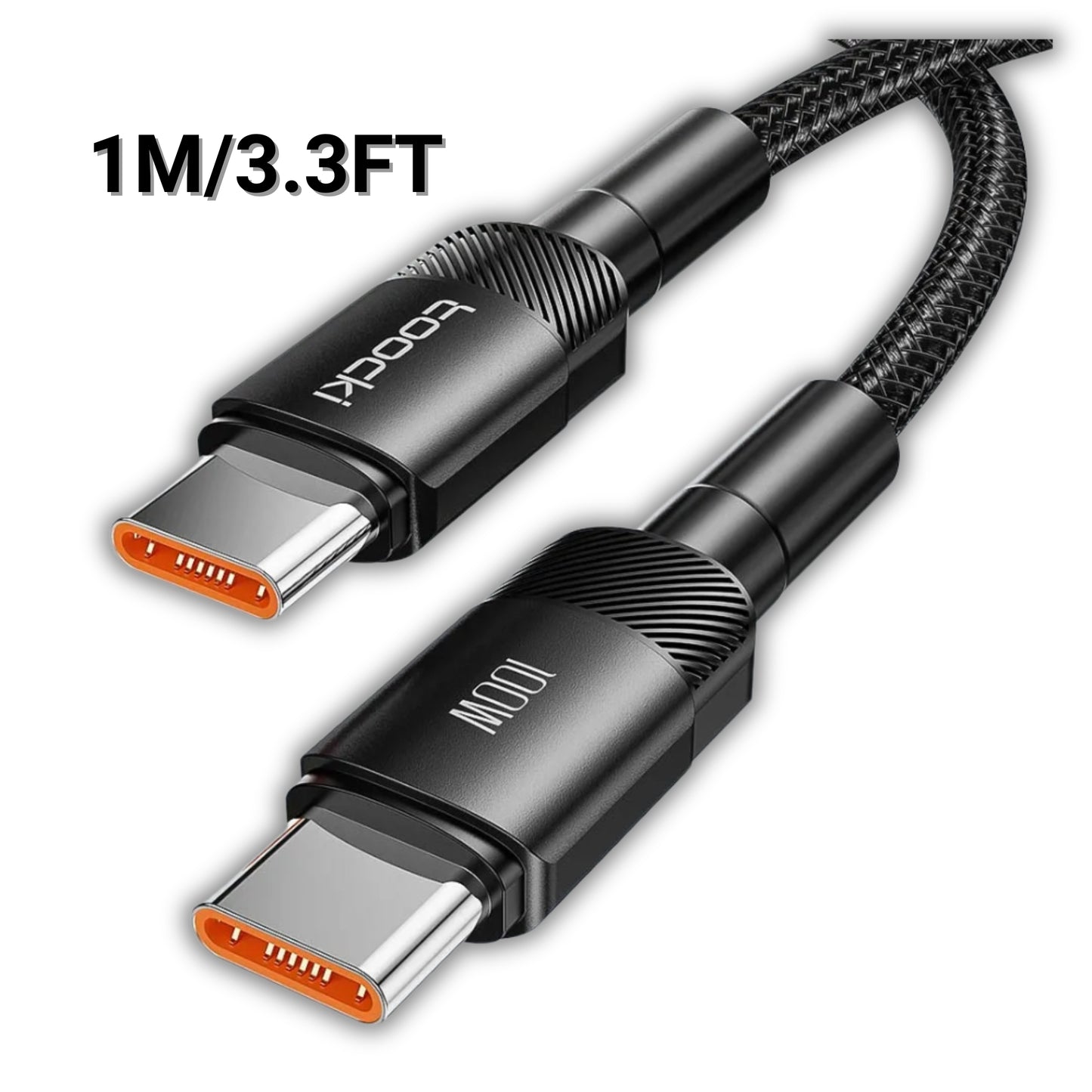 100W USB-C to USB-C fast charging cable with braided nylon design, compatible with MacBook, iPhone 15, Samsung, and more.