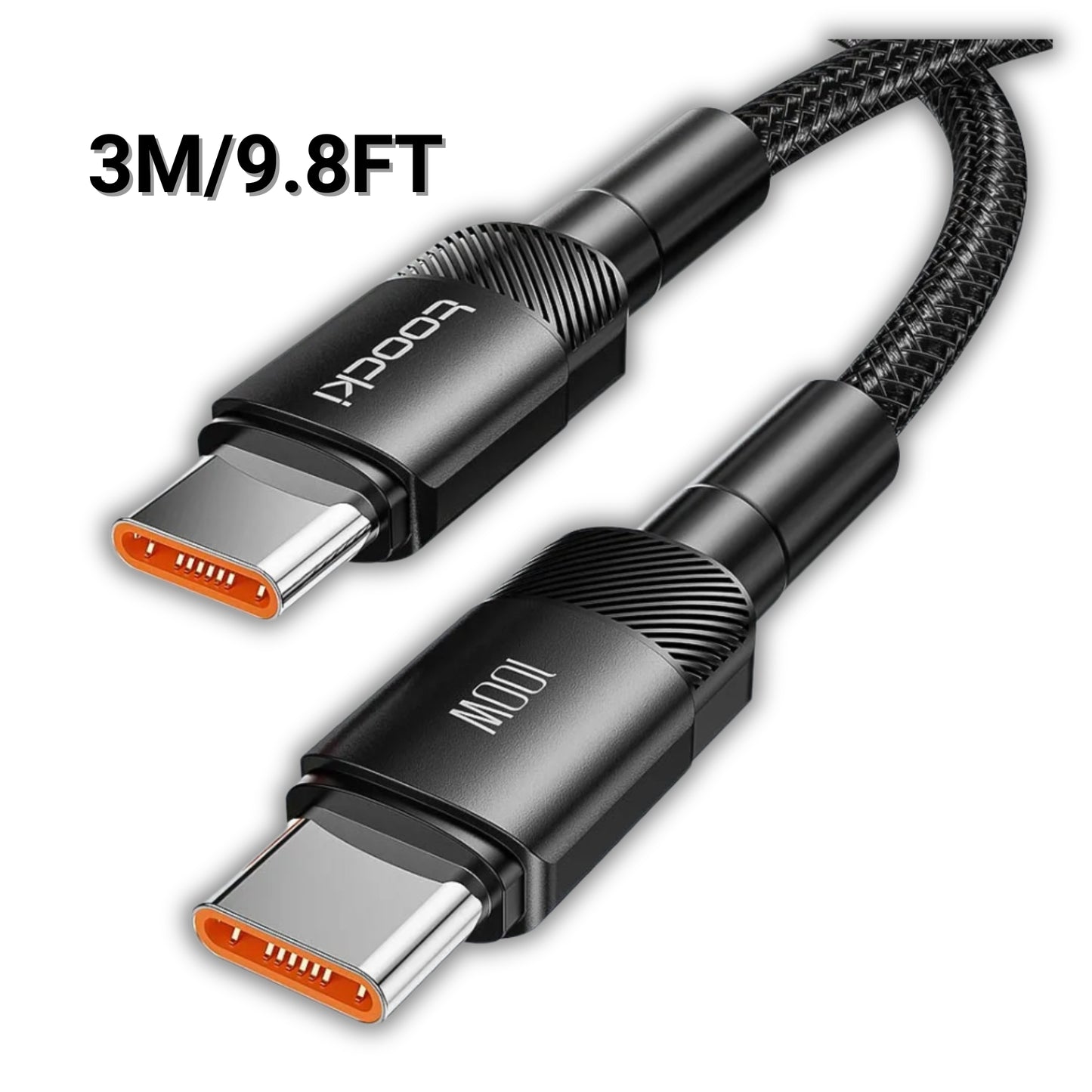 100W USB-C to USB-C fast charging cable with braided nylon design, compatible with MacBook, iPhone 15, Samsung, and more.