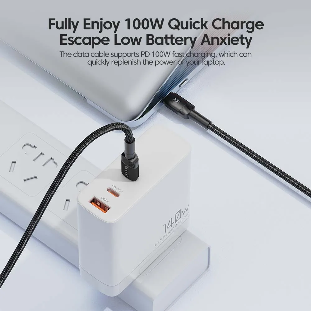 Close-up of ultra-durable nylon braided Type-C to USB-C cable, resistant to bending and wear for long-lasting performance.