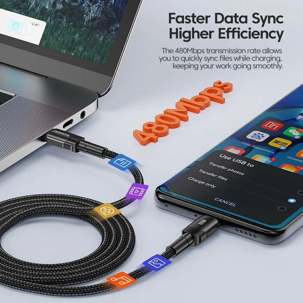 USB-C to USB-C cable featuring an E-Marker smart chip for intelligent power regulation and safe charging