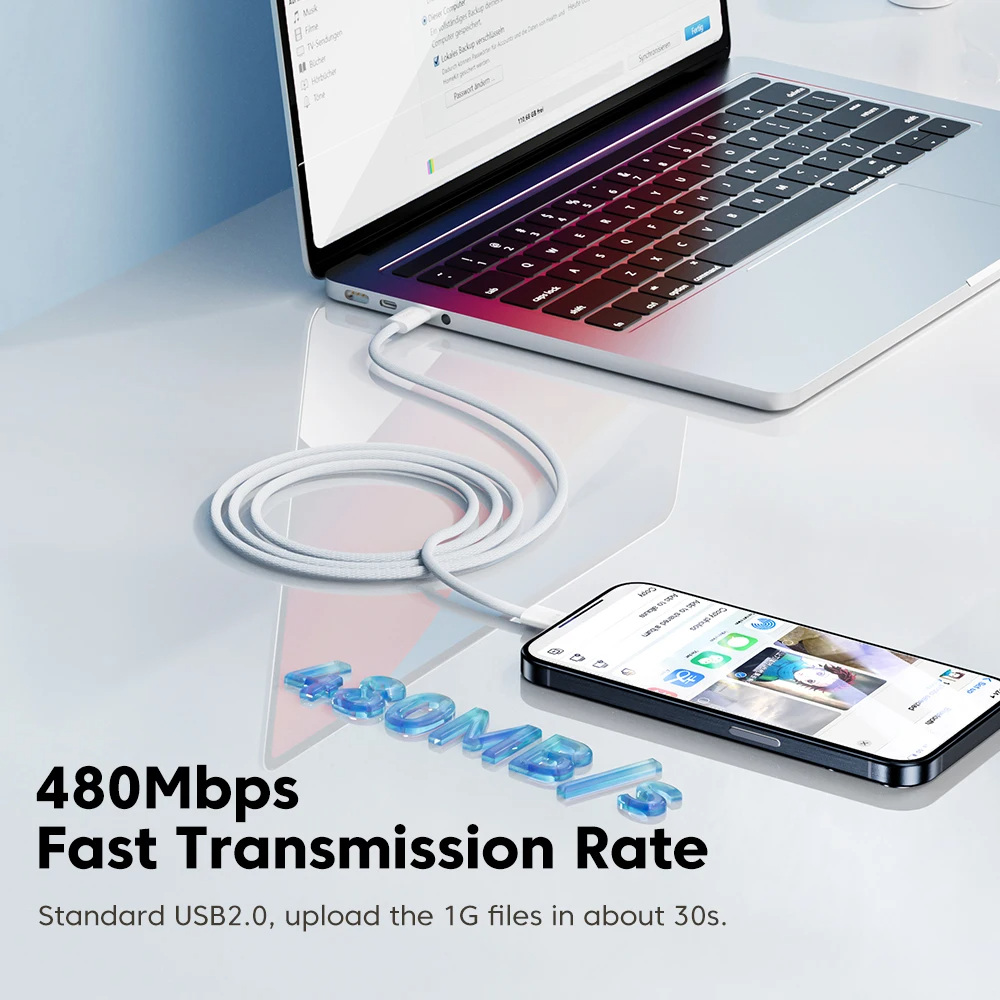 60W USB-C cable with 480Mbps data transfer speed, syncing an iPhone with a MacBook. Fast file transfer and charging in one cable